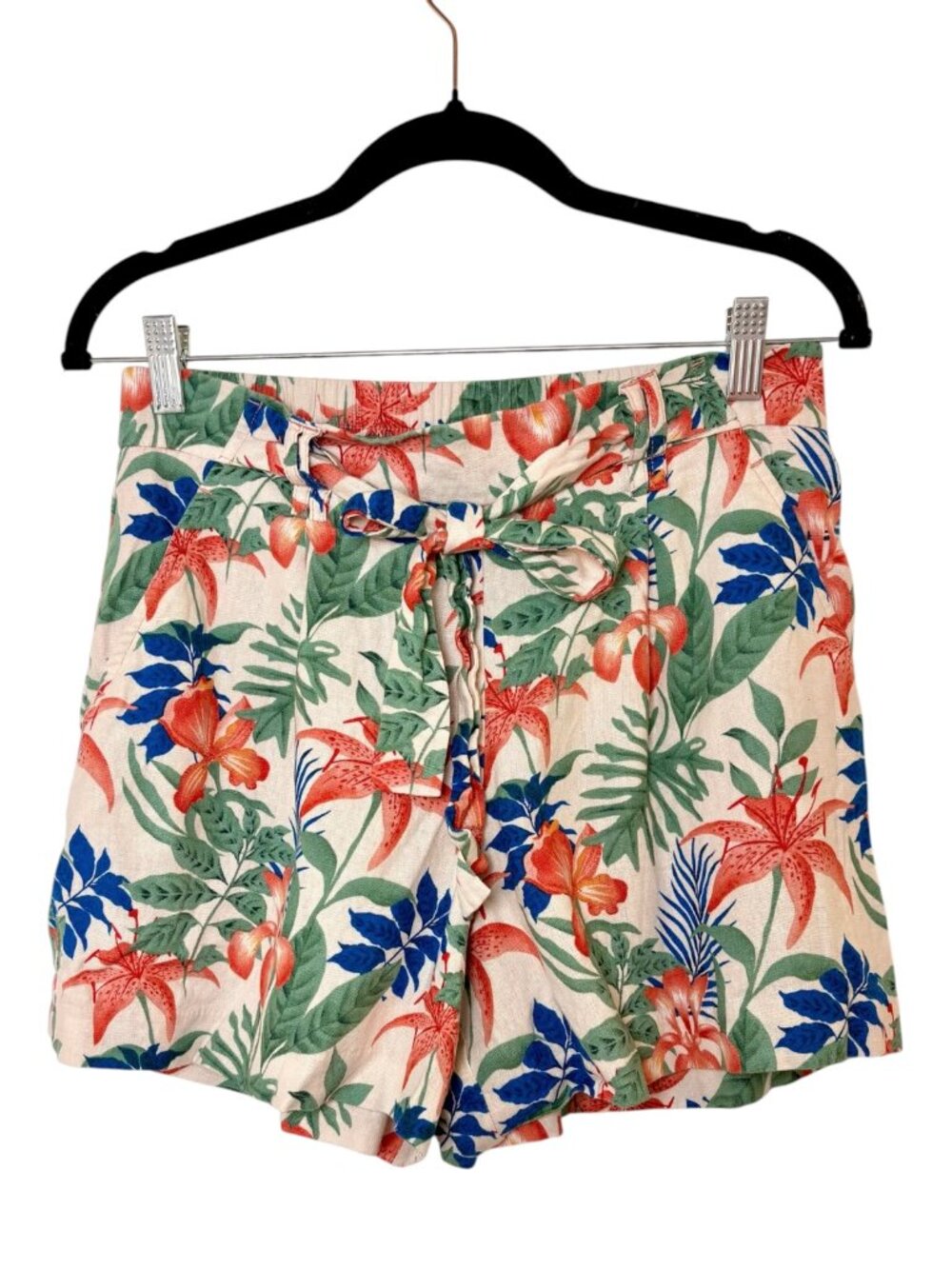 C&C California White Blue Tropical Floral Linen Blend Tie Waist Shorts Size 6